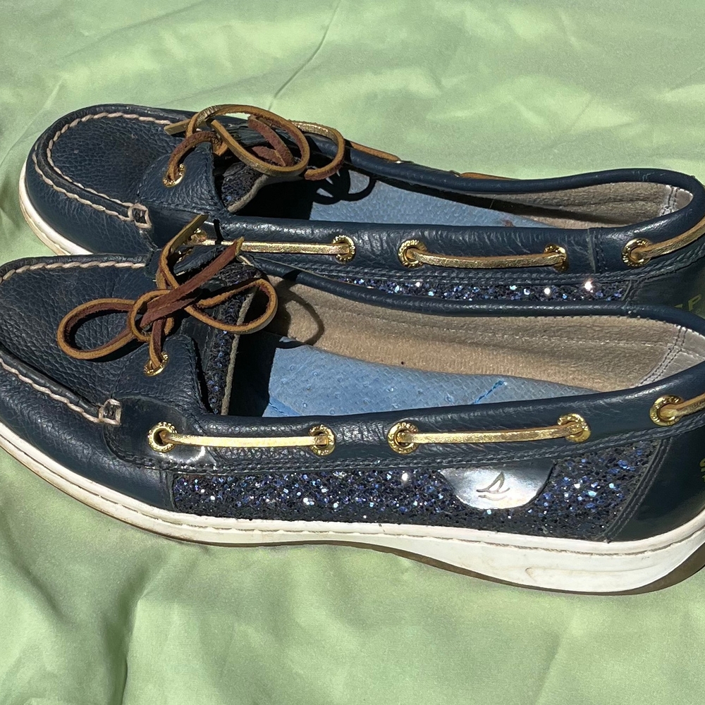 Sperry Blue and Brown Moccasin Boat Shoes with Rawhide Laces